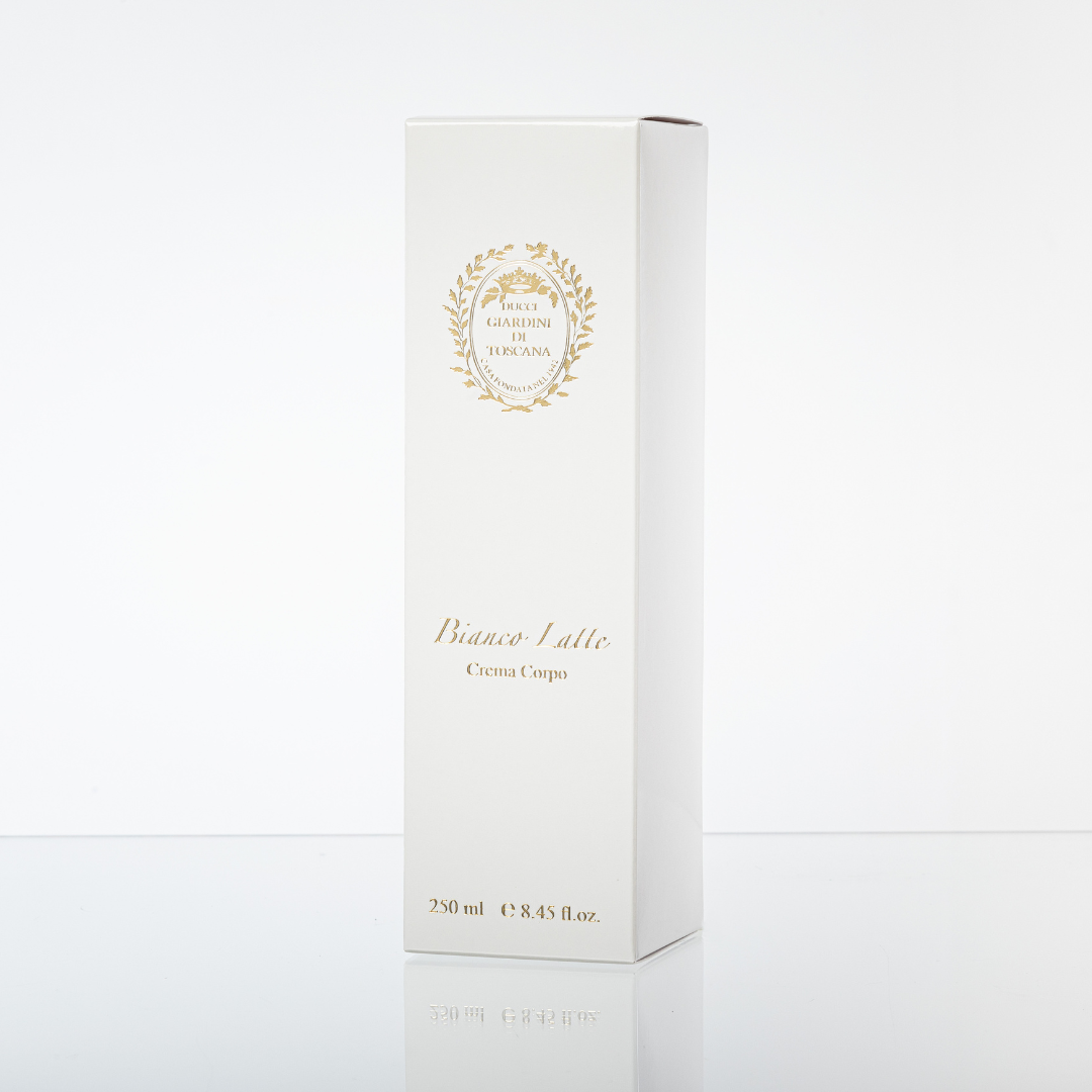 White product box with gold text and design on a white background
