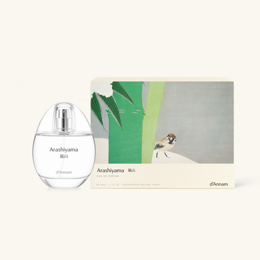 Arashiyama perfume bottle and packaging with a bird illustration on a white background