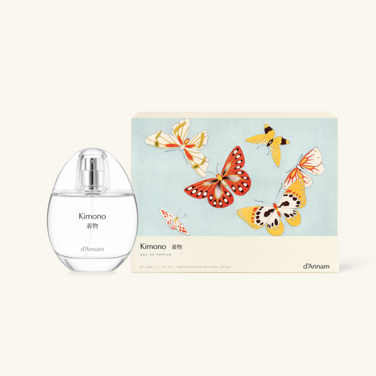 d'Annam Kimono perfume bottle and packaging with butterfly design on a white background