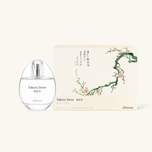 Sakura Snow perfume bottle with packaging featuring cherry blossom design on a white background