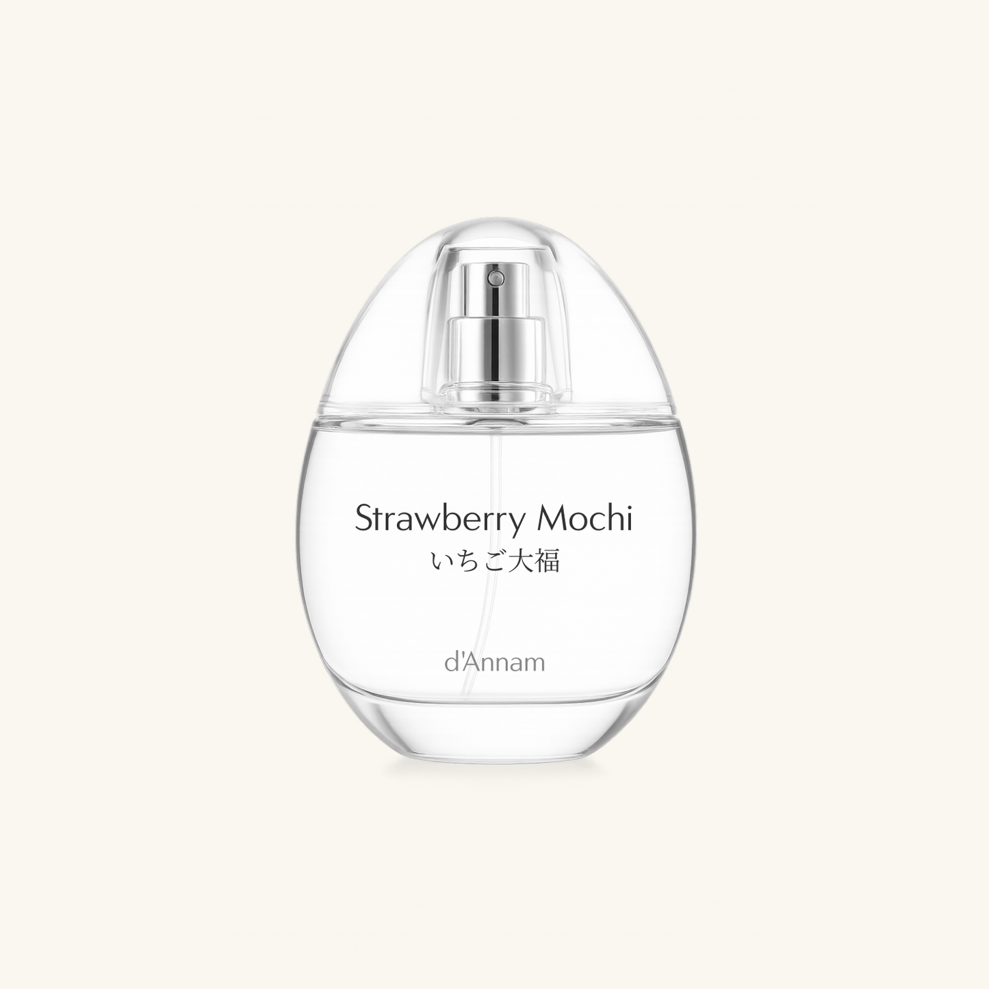 Perfume bottle labeled 'Strawberry Mochi' by d'Annam on a light beige background