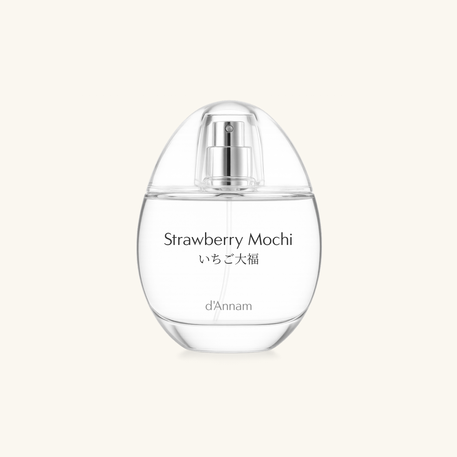 Perfume bottle labeled 'Strawberry Mochi' by d'Annam on a light beige background