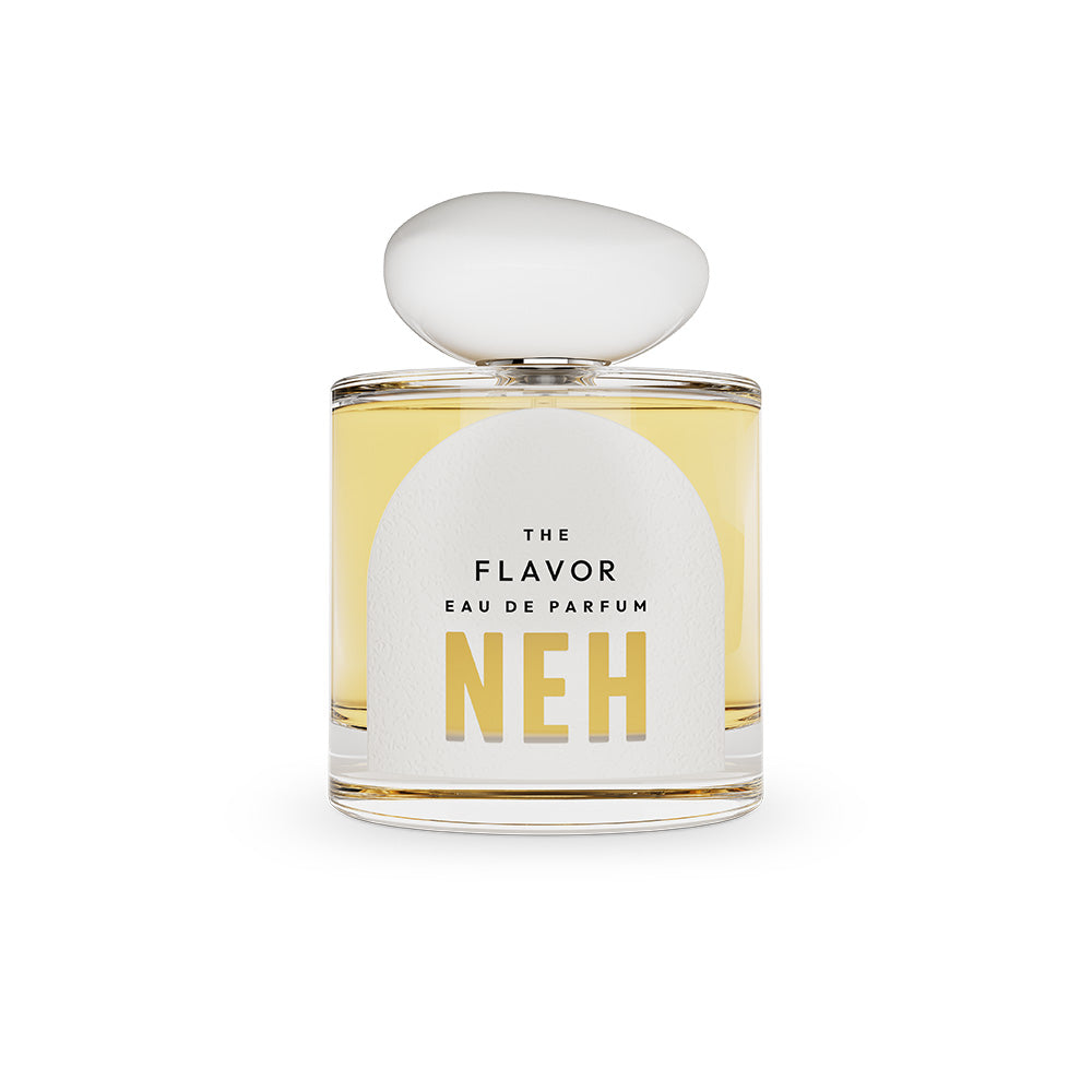 Perfume bottle labeled 'The Flavor Eau de Parfum NEH' on a white background