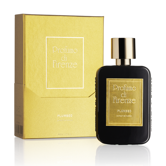 Black perfume bottle with gold label and matching box labeled 'Profumo di Firenze' on a white background