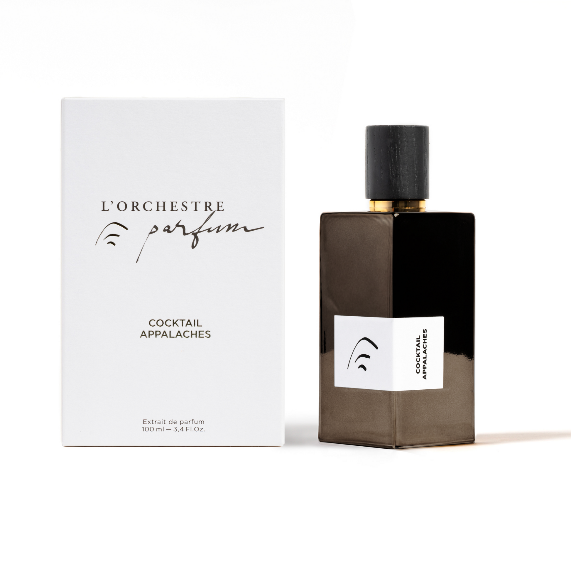 Perfume bottle and packaging with 'L'Orchestre Parfum' branding on a white background