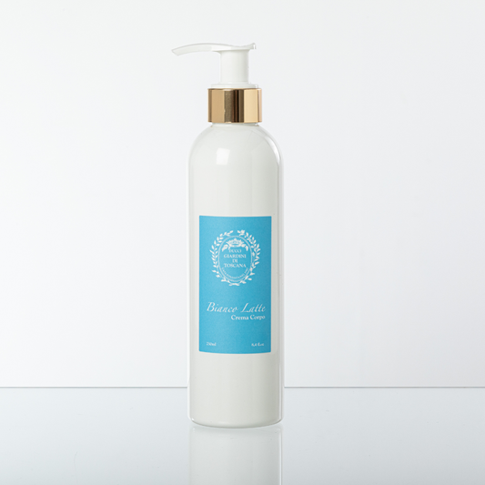 White bottle with gold pump and blue label on a white background
