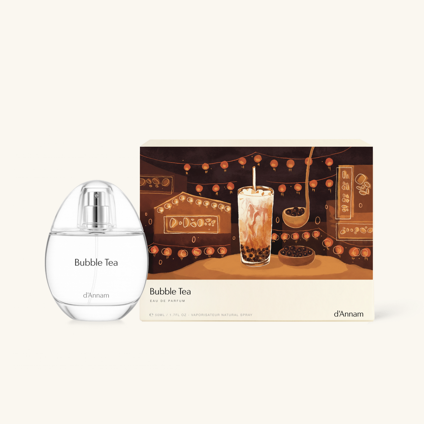 d'Annam Bubble Tea Eau de Parfum bottle and its illustrated packaging box on a light cream background.