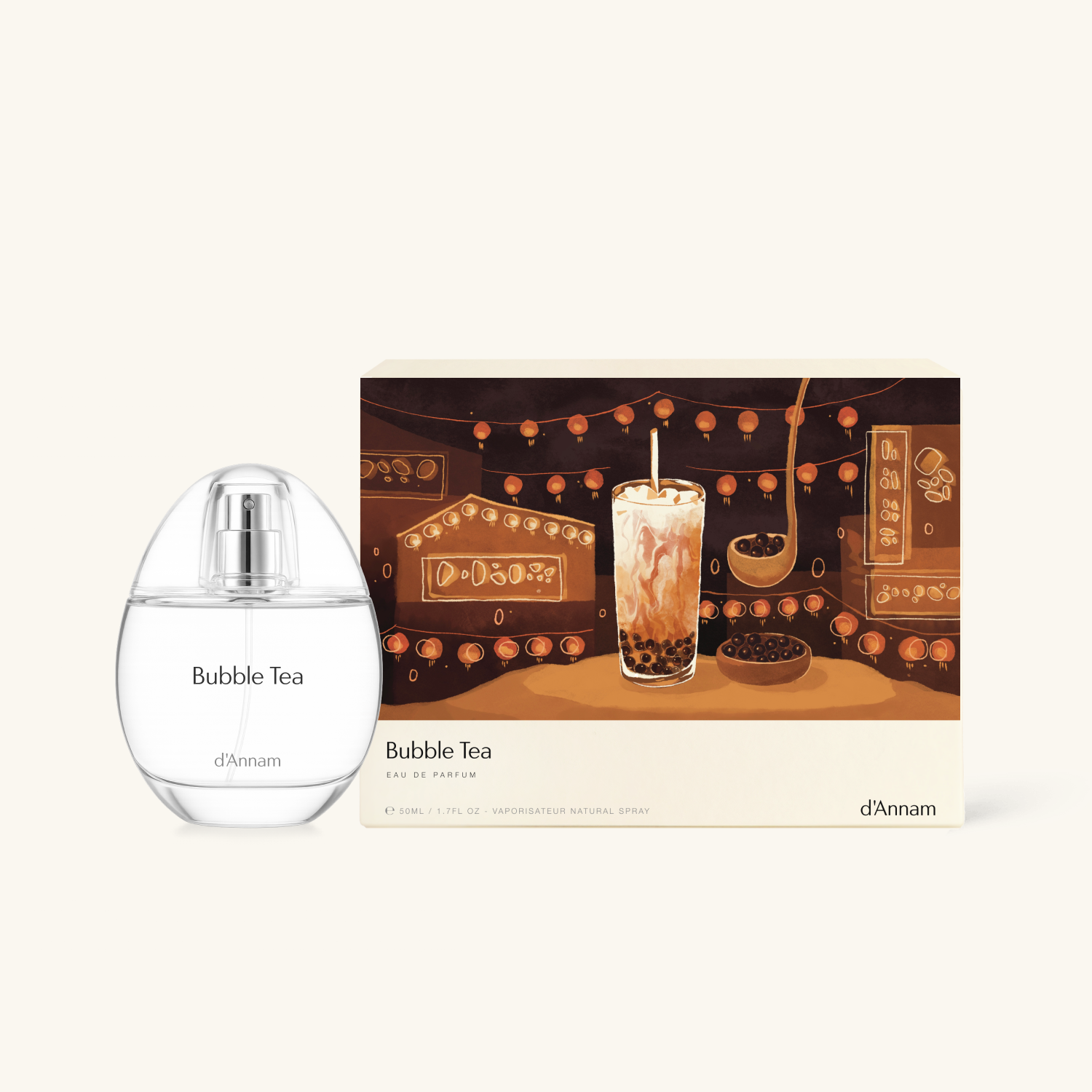 d'Annam Bubble Tea Eau de Parfum bottle and its illustrated packaging box on a light cream background.