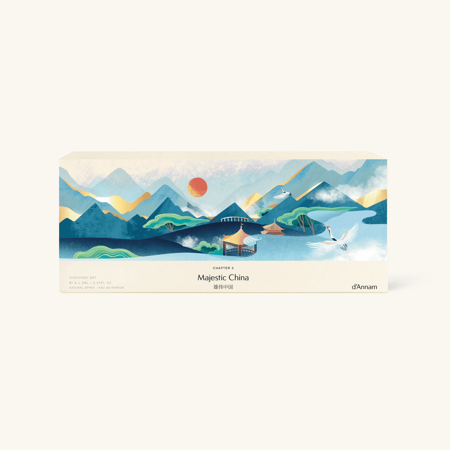 A rectangular product box with a stylized landscape illustration labeled 'Majestic China' and 'd'Annam', shown on a plain light beige background.