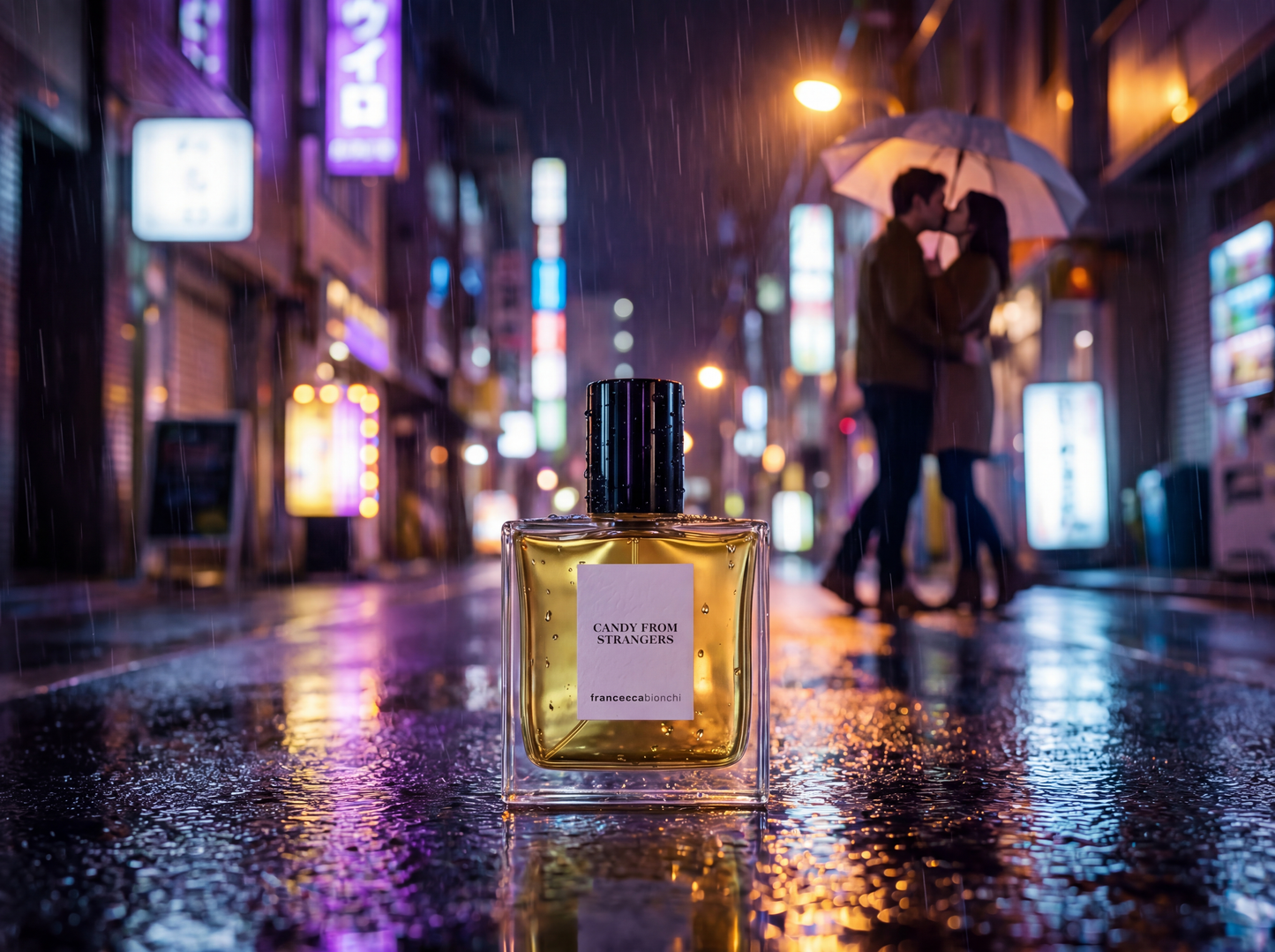 Perfume bottle on a wet street with a couple under an umbrella in the background