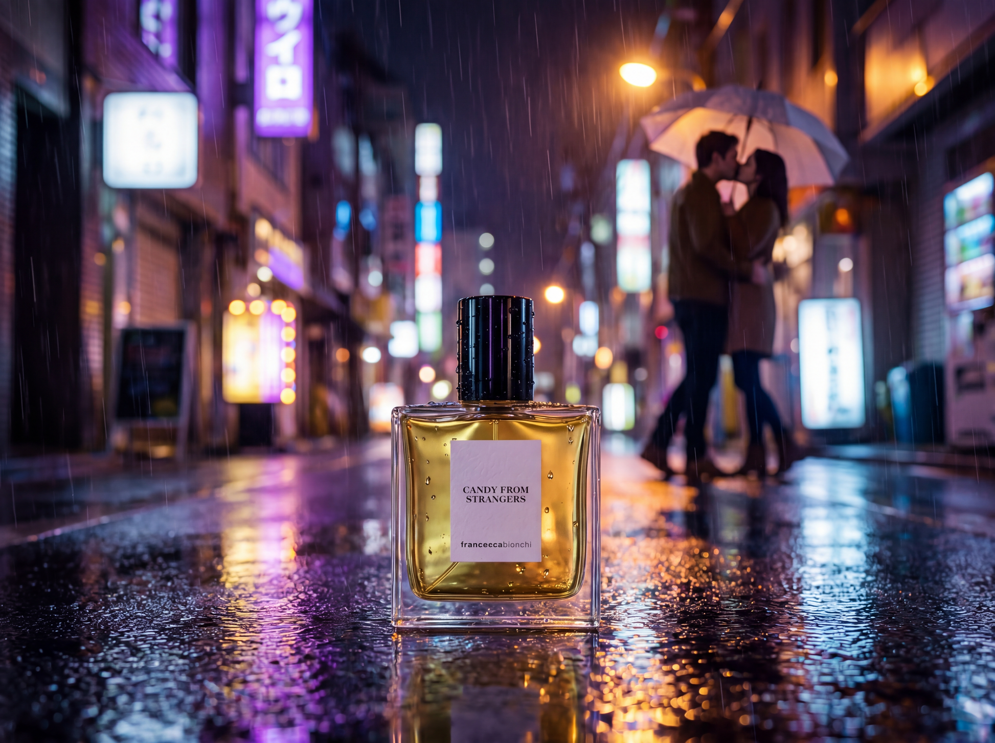 Perfume bottle on a wet street with a couple under an umbrella in the background