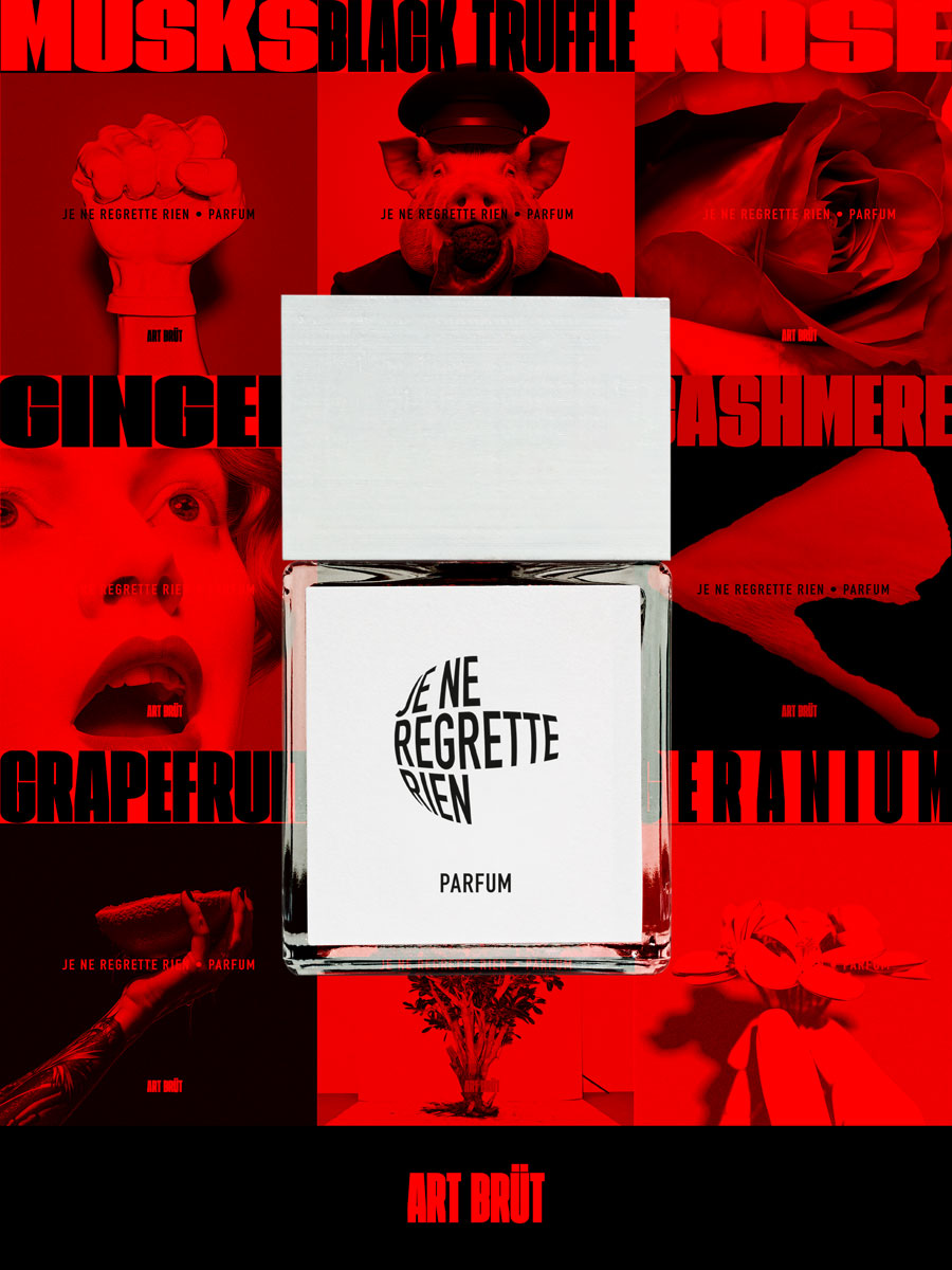 Parfum bottle with red and black abstract designs in the background