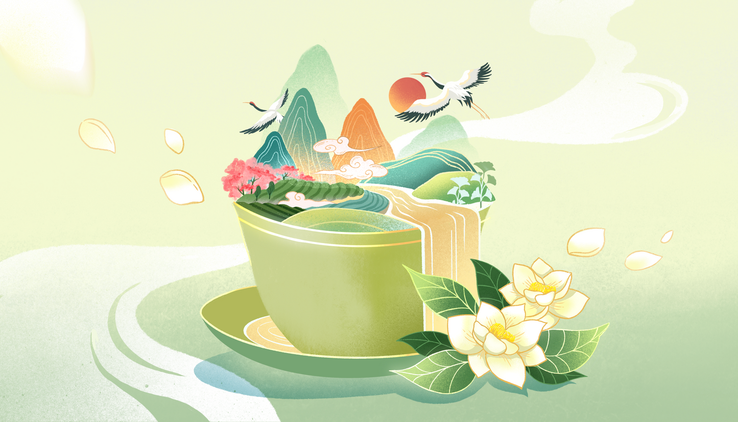 Illustration of a green tea cup with mountains, flowers, and birds on a light green background