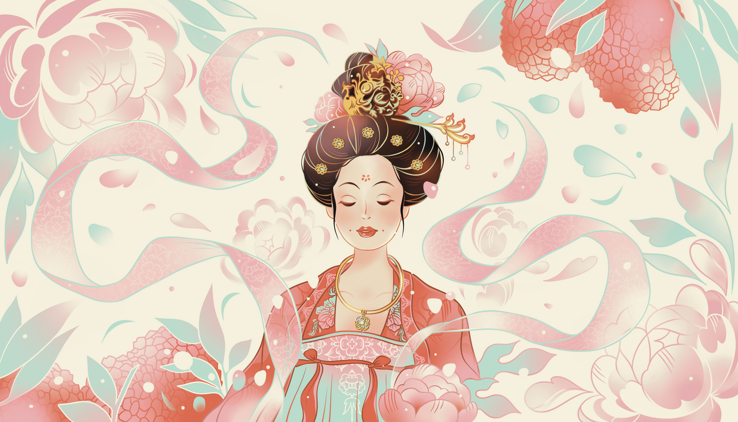 A stylized illustration of a woman in traditional East Asian attire with elaborate hair ornaments, surrounded by large pink flowers and flowing pink ribbon-like forms on a light cream background.