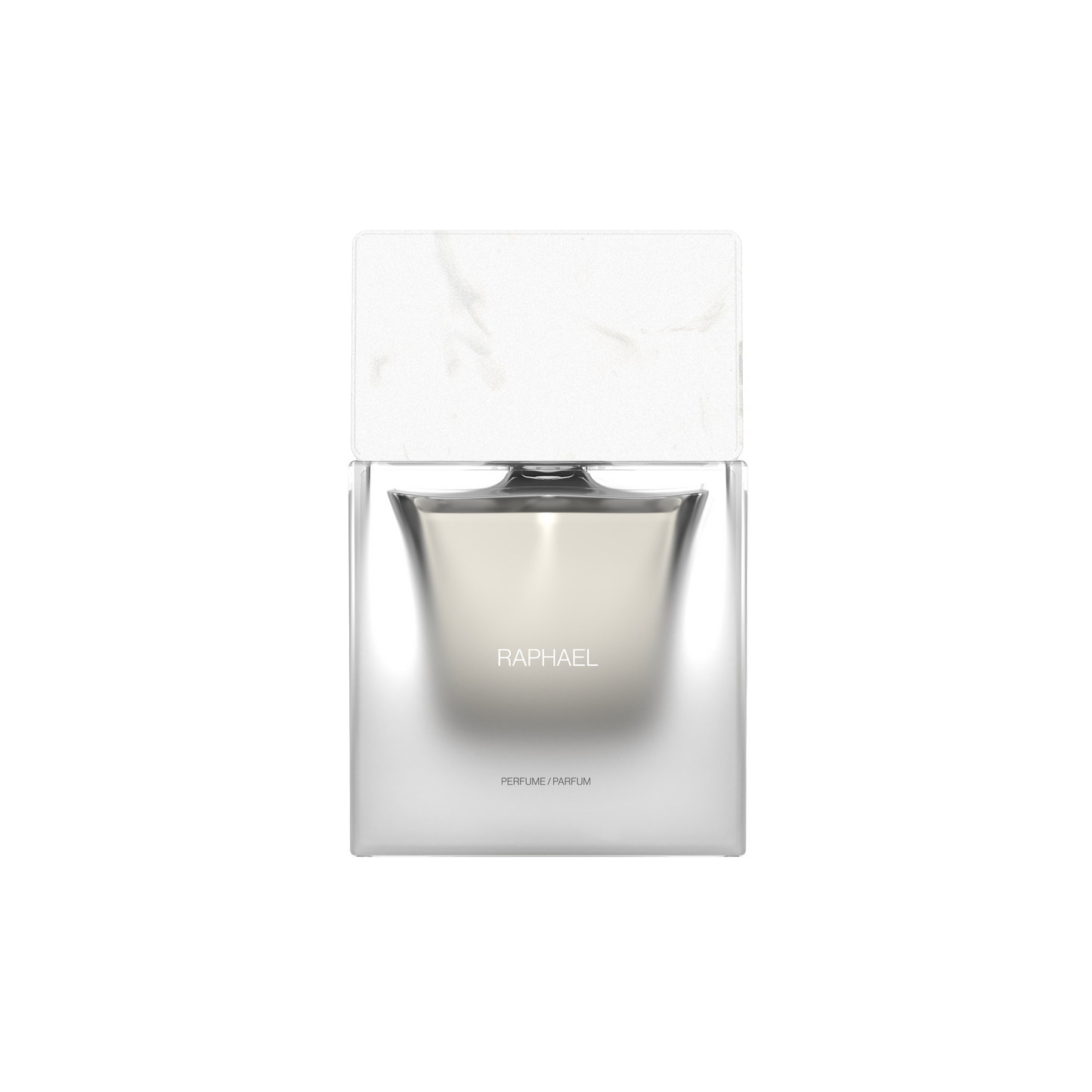 Clear glass perfume bottle with a white cap on a white background