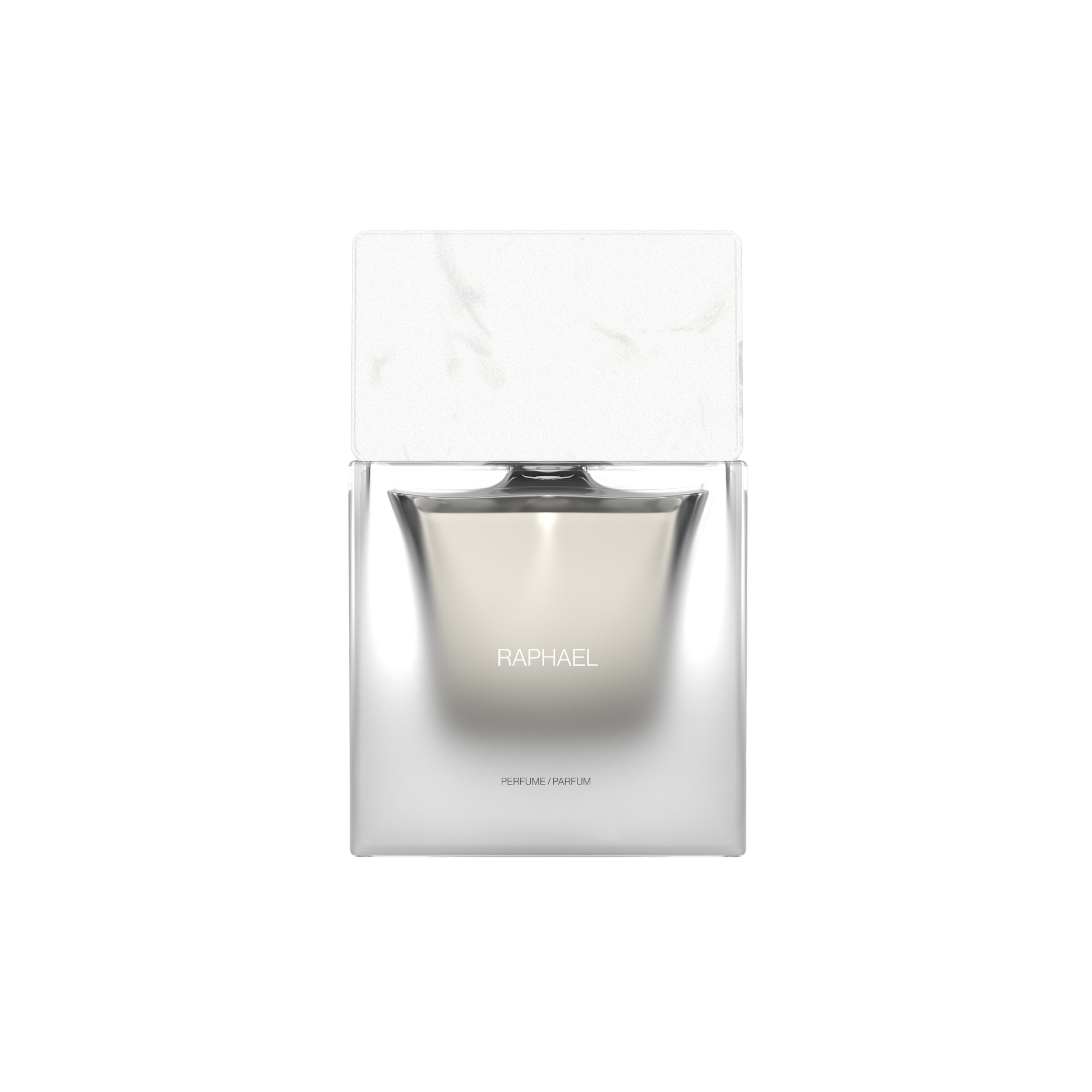 Clear glass perfume bottle with a white cap on a white background