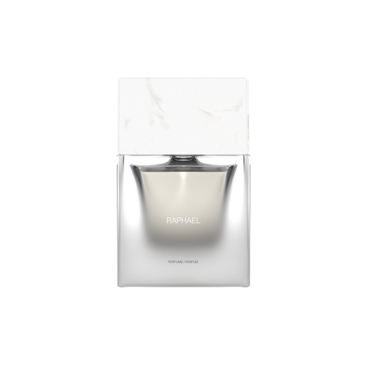 Clear glass perfume bottle with a white cap on a white background