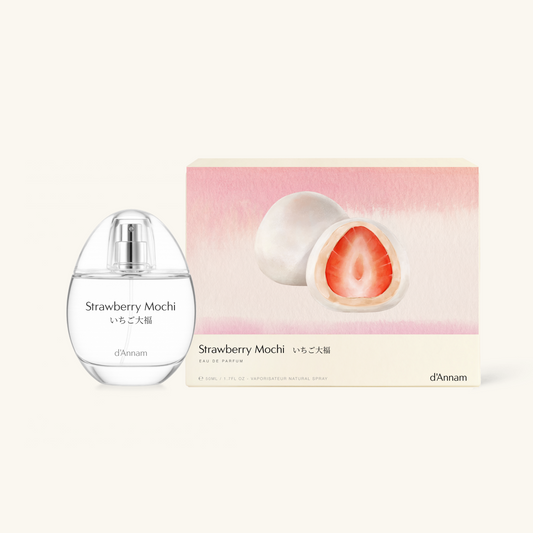 Strawberry Mochi perfume bottle and packaging on a white background
