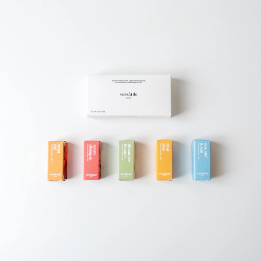 Five colorful boxes of 'versatile' on a white background