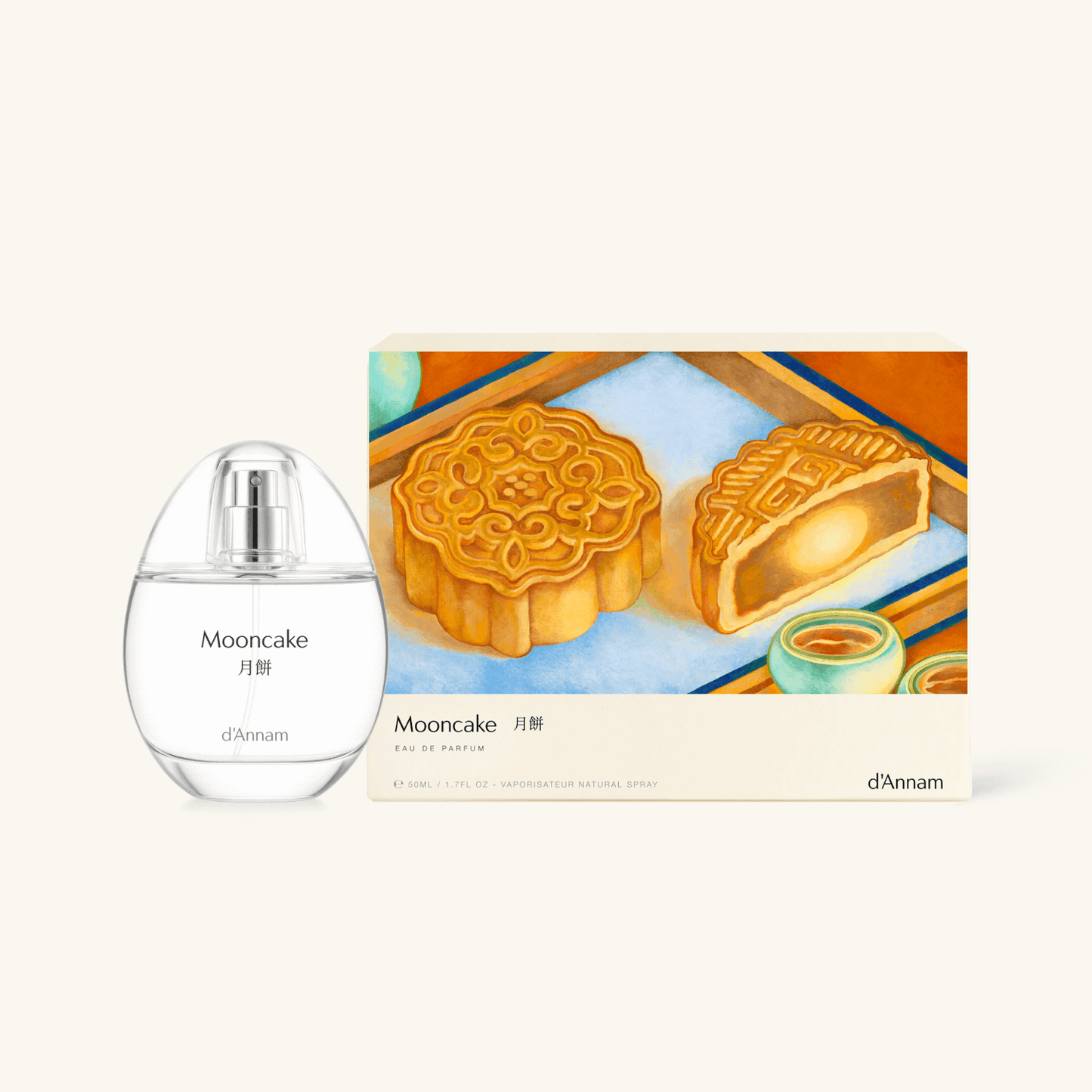 d'Annam Mooncake Eau de Parfum bottle next to its illustrated packaging box, featuring a traditional Chinese mooncake design on a warm cream background.