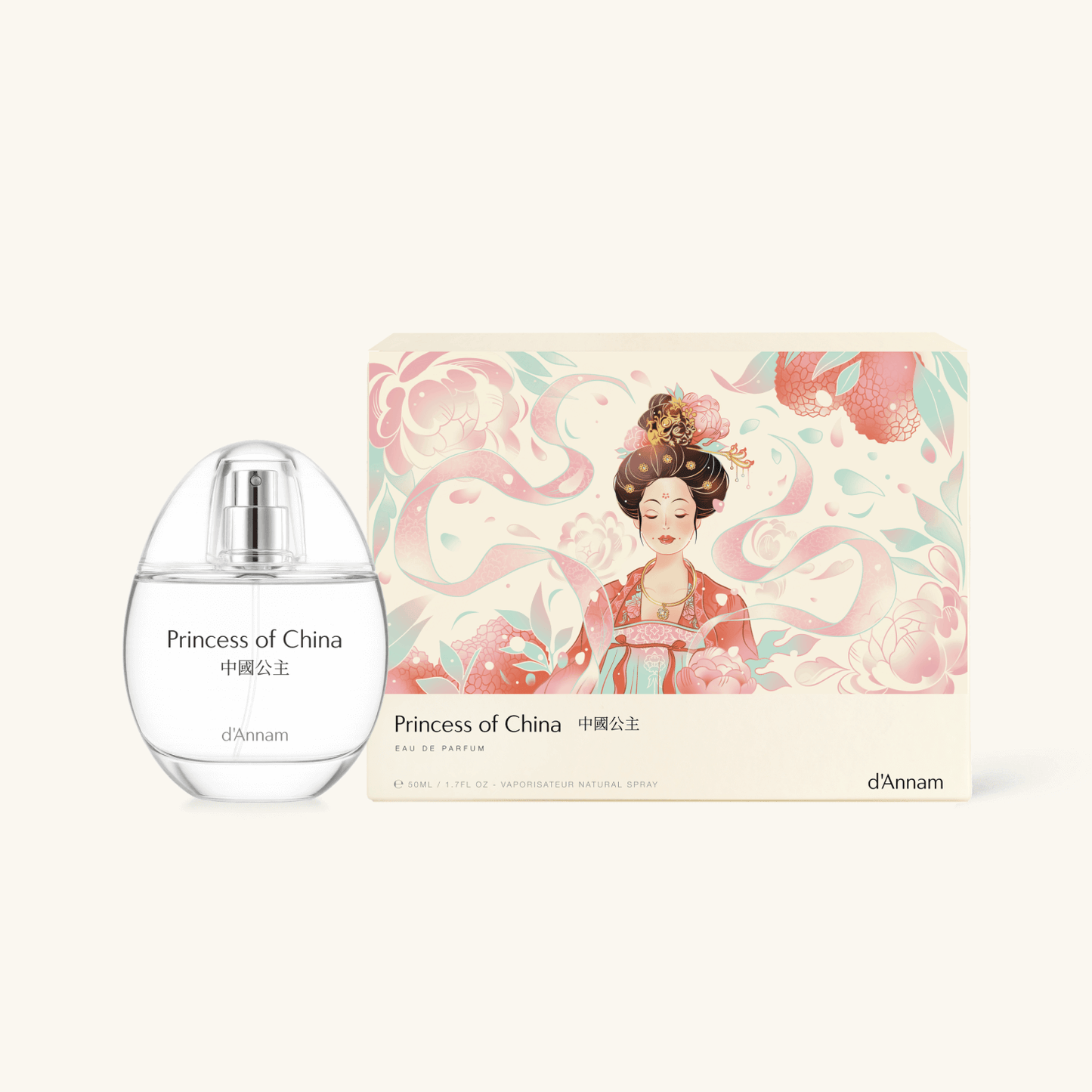 d'Annam Princess of China Eau de Parfum bottle next to its illustrated packaging box, featuring a traditional Chinese woman in red on a light cream background.
