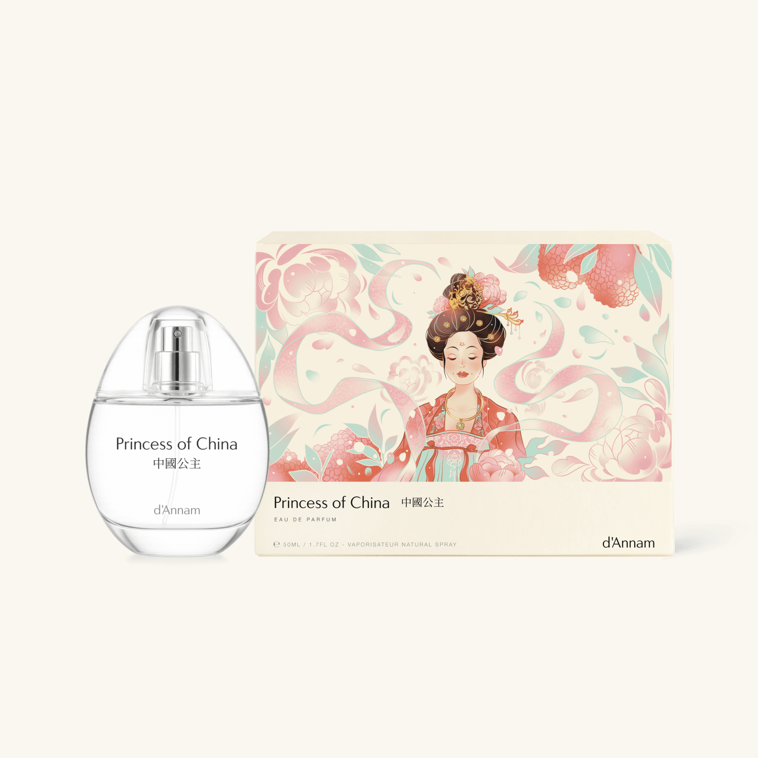 d'Annam Princess of China Eau de Parfum bottle next to its illustrated packaging box, featuring a traditional Chinese woman in red on a light cream background.