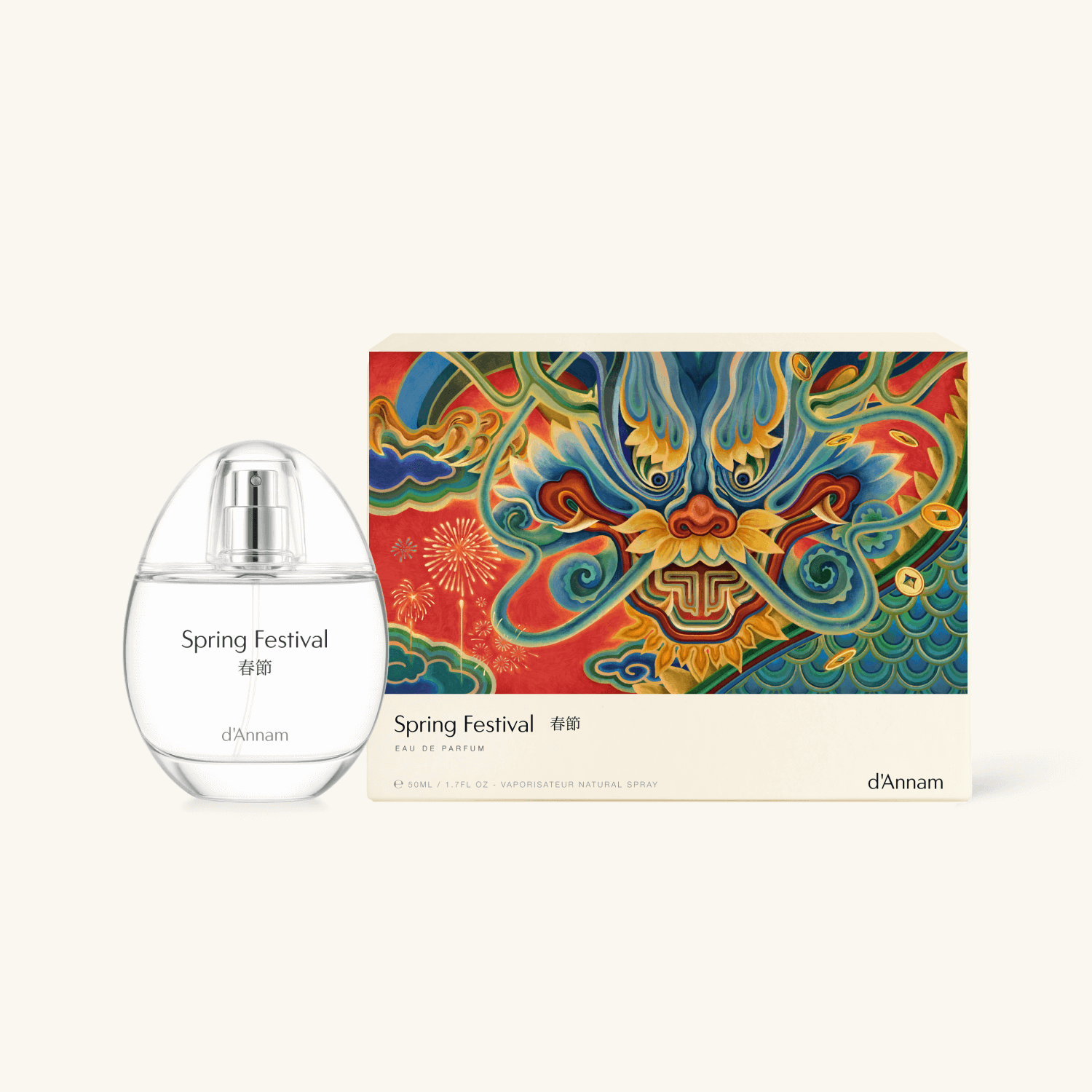 d'Annam Spring Festival Eau de Parfum bottle next to its packaging box, featuring a traditional Chinese dragon illustration in vibrant red, blue, green, and gold on a cream background.
