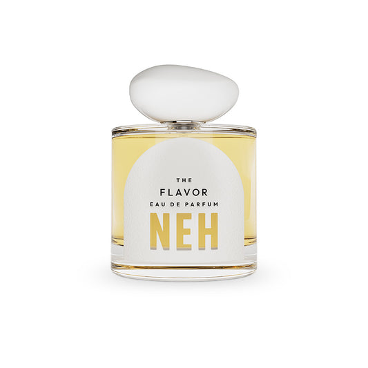 Perfume bottle labeled 'The Flavor Eau de Parfum NEH' on a white background